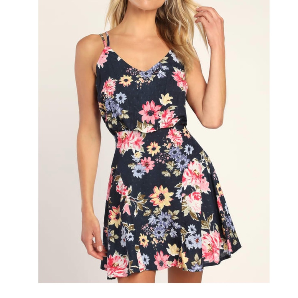 Lulus Bouquet Of Blooms Navy Floral Print Clip Dot Mini Dress